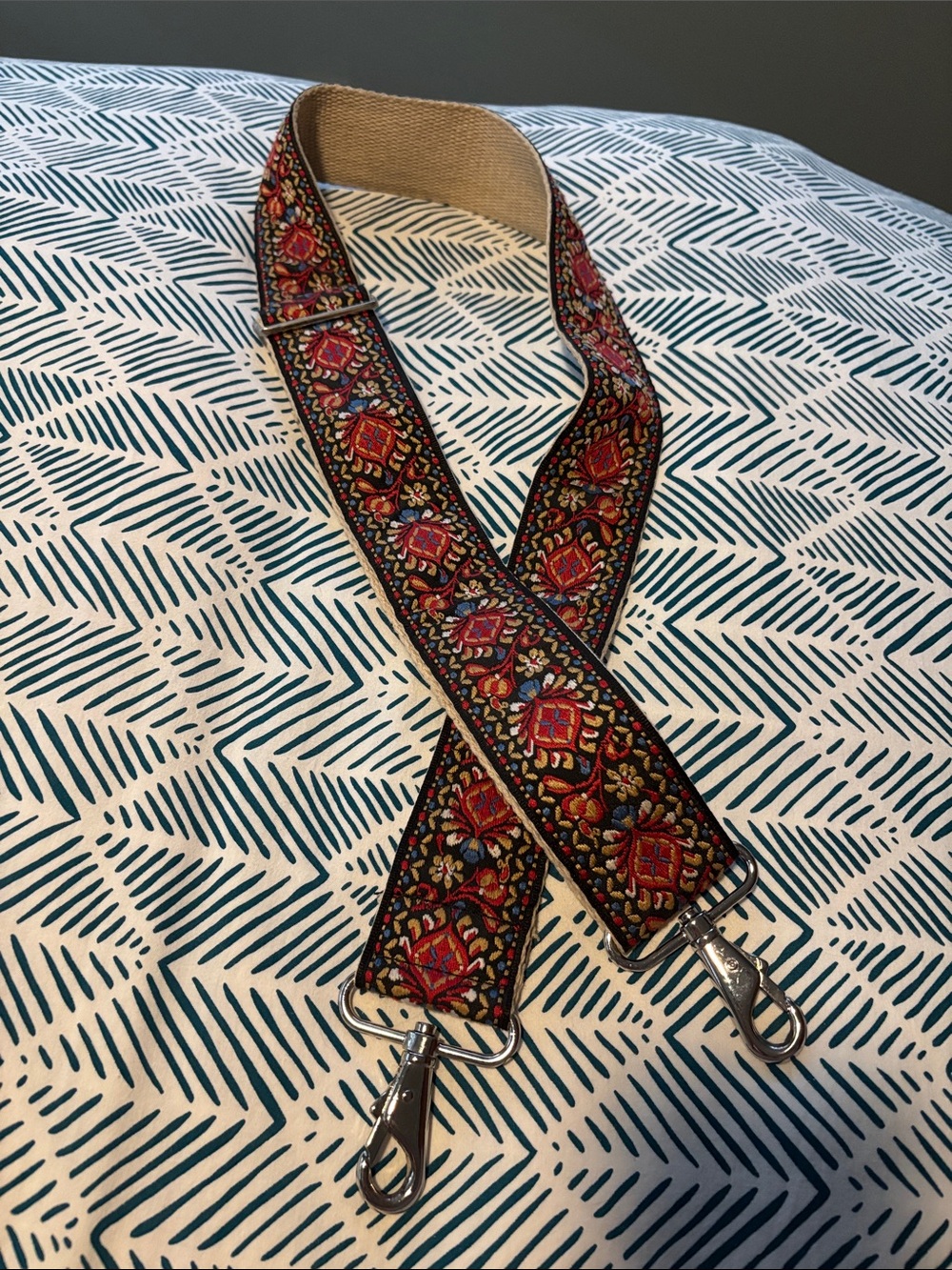 Embroidered Floral Adjustable Bag Strap in Black and Red